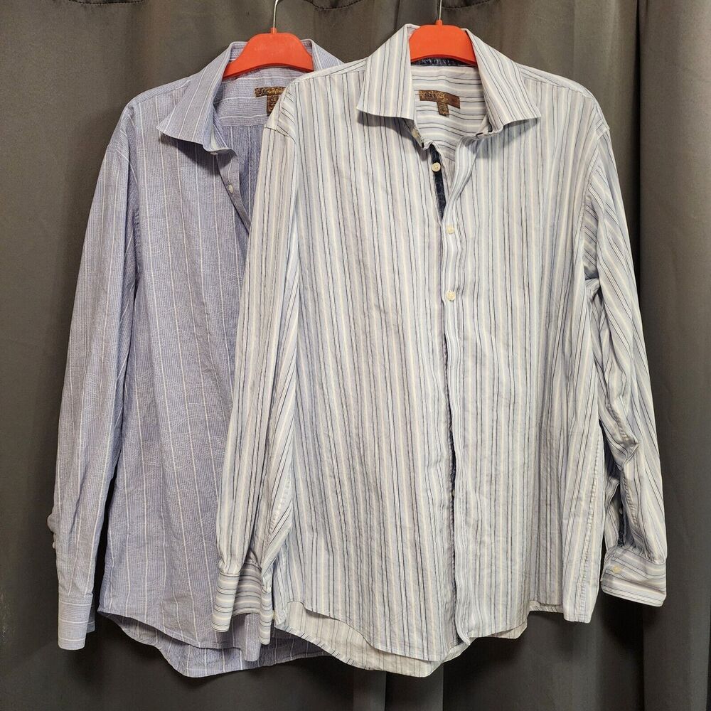 (2) Blue Pronto Uomo Button Up Shirt Men's Size XL Long Sleeve Blue Plaid Cotton